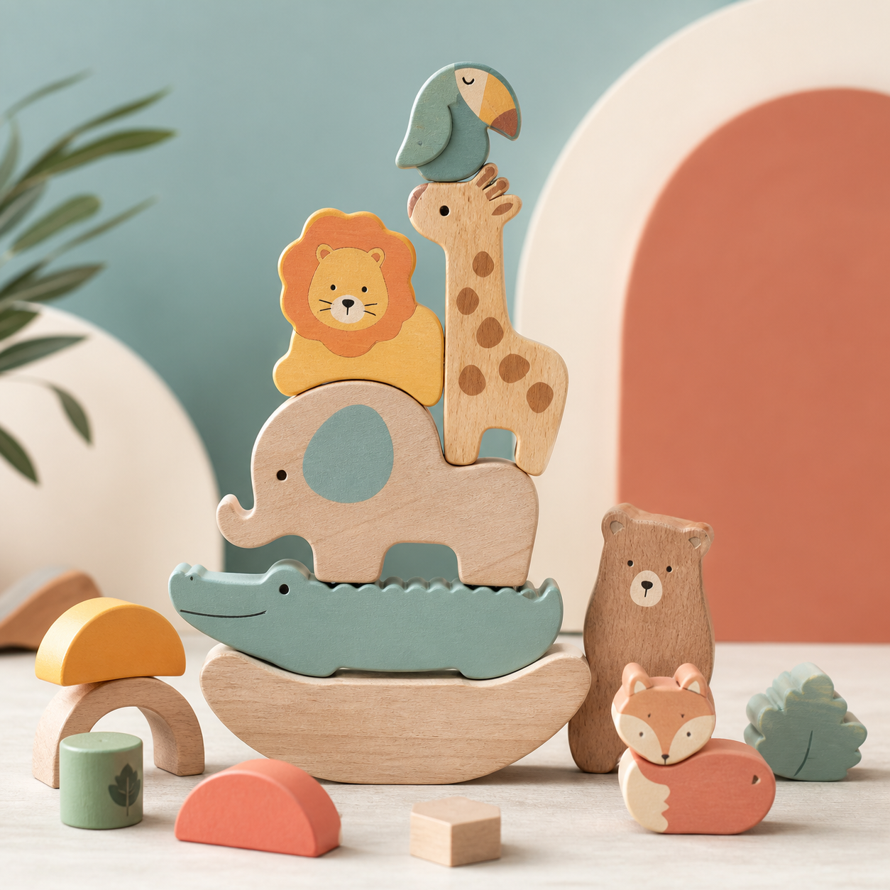 Wooden animal stacking toy set